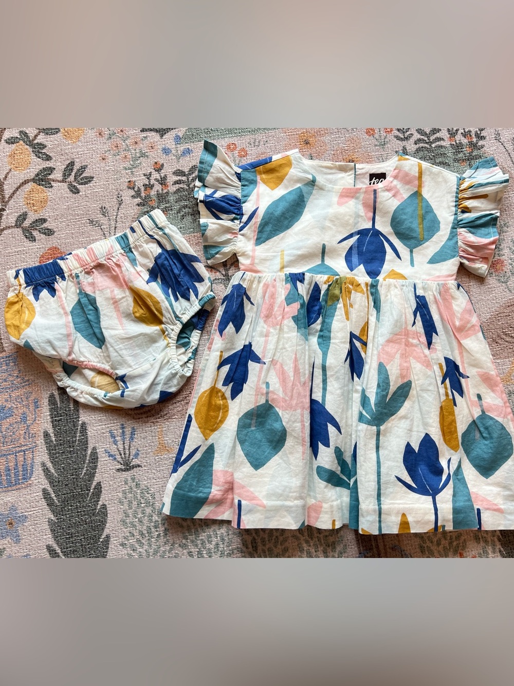 Tea Collection Leaf Print Ruffle Sleeve Dress with Matching Bloomers